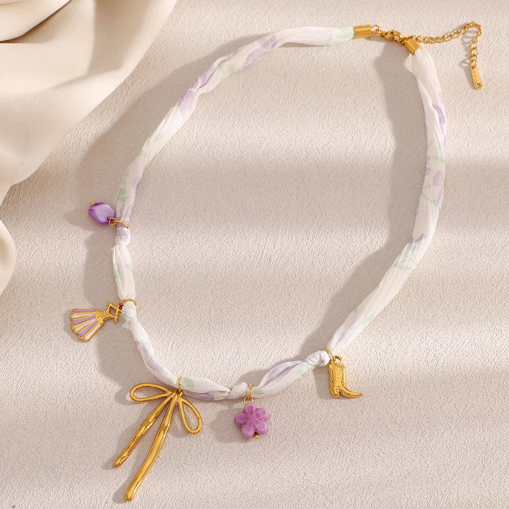 Dreamshow Summer Fashion Silk Ribbon Bow Charm Necklace 18k Gold Plated Fashion Jewelry