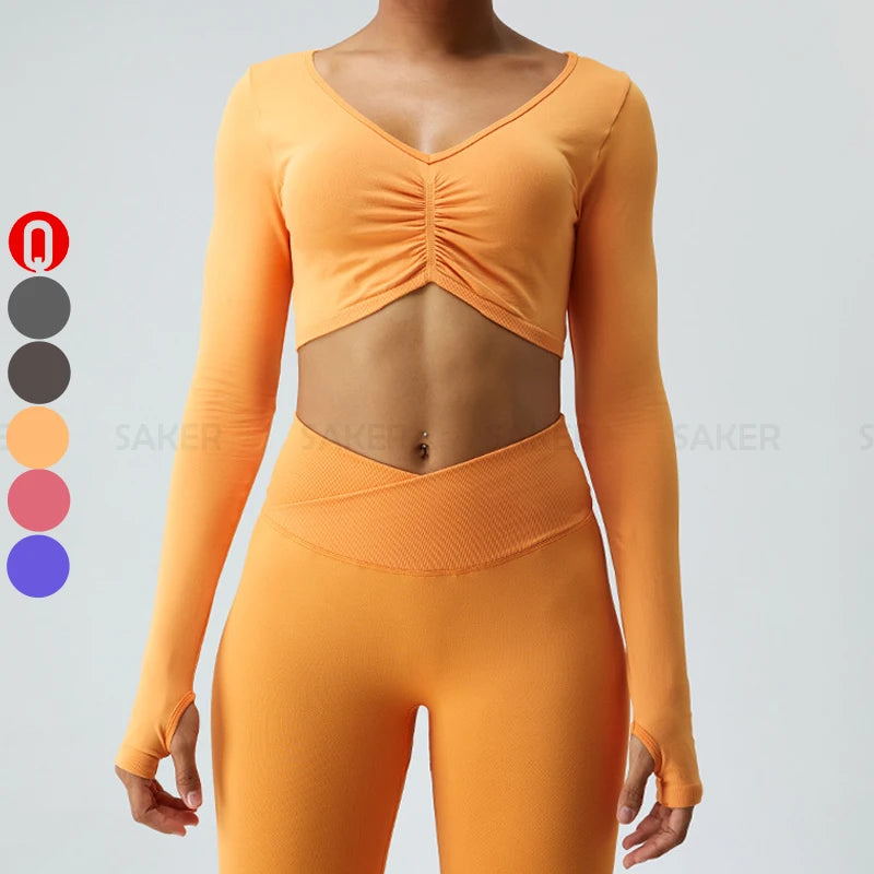 New Long Sleeve Yoga Top Mujer Front Pleated Design Winter Gym Wear Ladies Sport Running Compression Shirts Workout Top