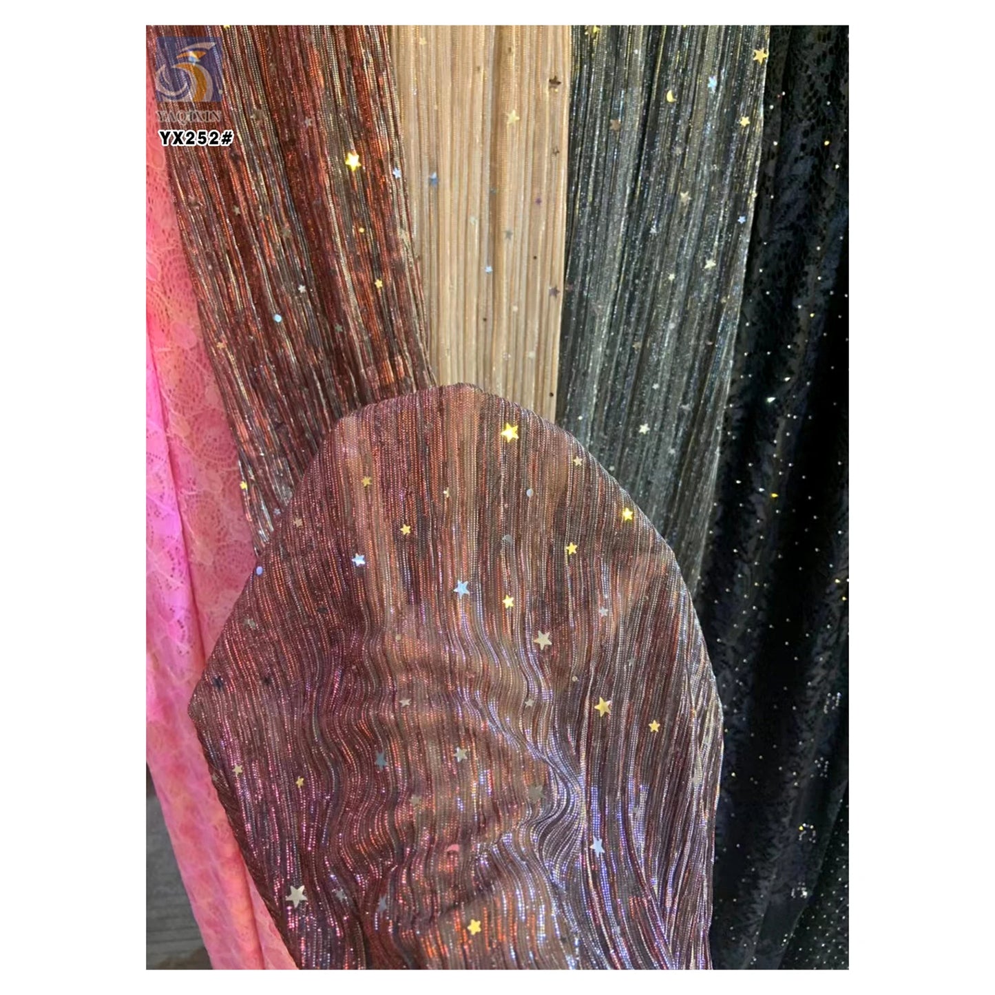 YX252 Luxurious New Design 100%Polyester Rib Knitted Glitter Lurex Fabric With Star and Moon Sequin Embroidery