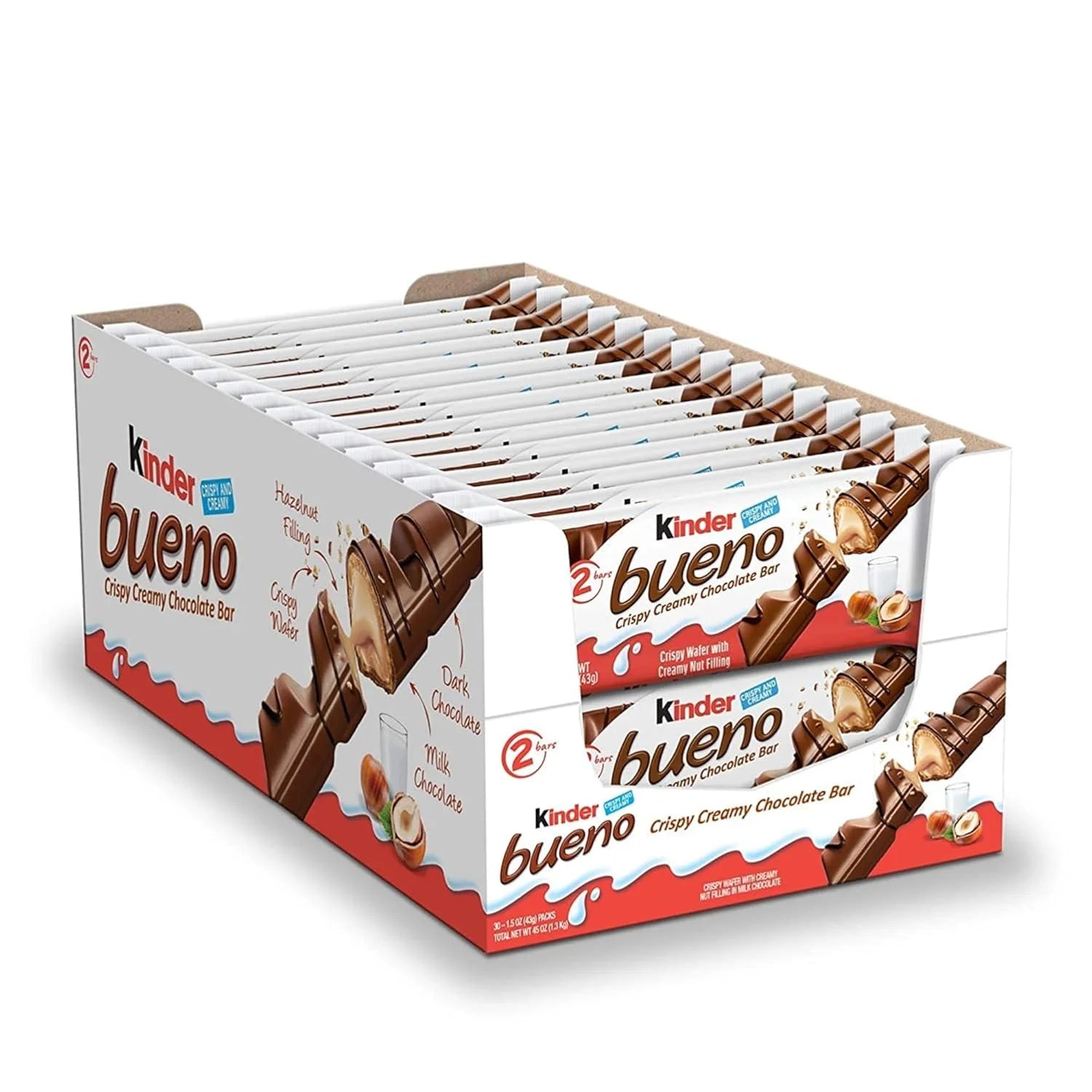 Kinder Bueno Chocolate con leche y crema de avellanas1caja de 30*43g,total 60 barras de chocolate Kinder Bueno White ,C…