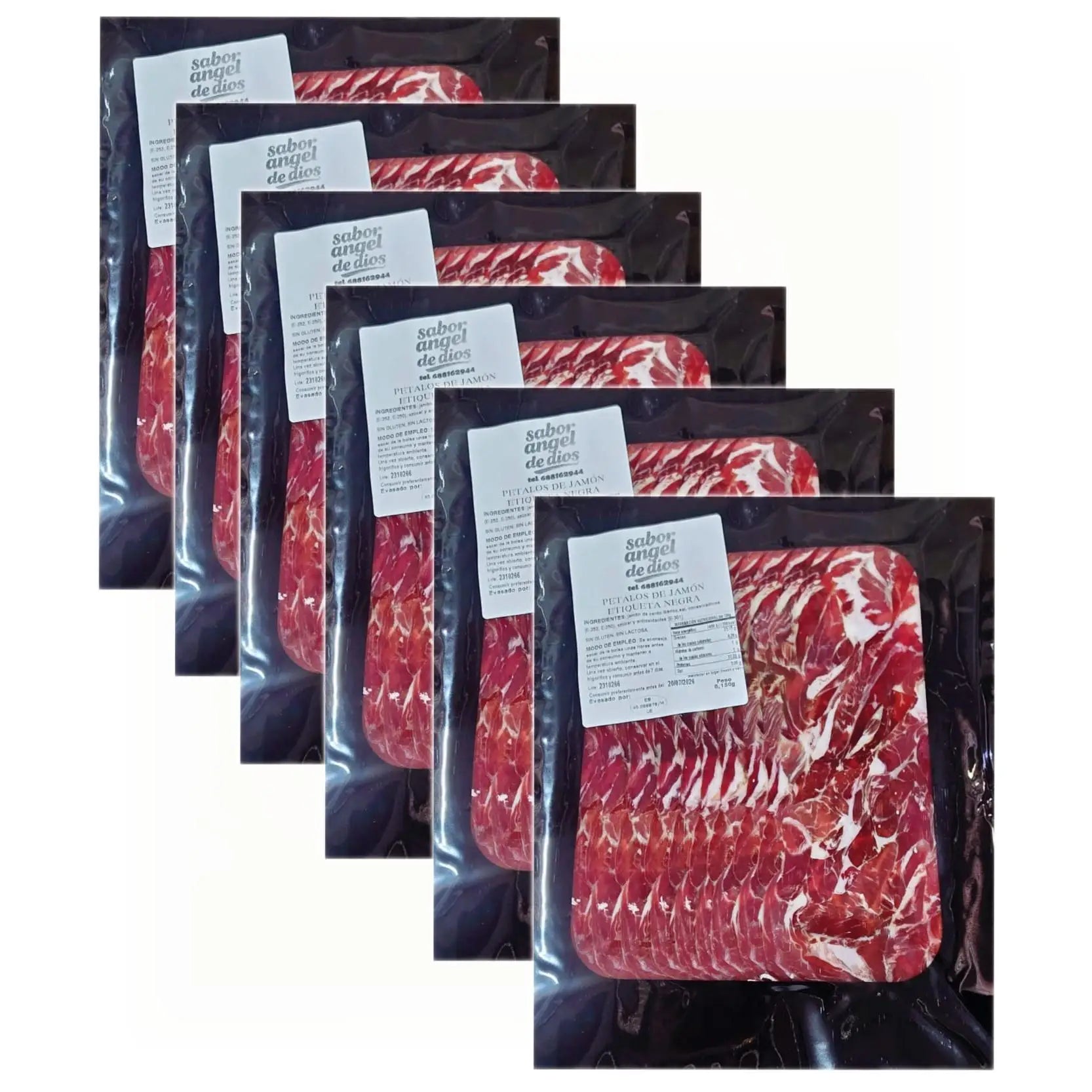PETALOS DE JAMON IBERICO SABOR ANGEL DE DIOS - 6 SOBRES, 150GR CADA UNO - TOTAL 900GR - ETIQUETA NEGRA.