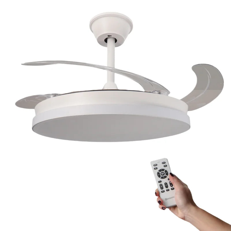 Ventilador de Techo LED-COLOR Blanco&Cristal Motor DC 106cm con Aspas Retráctiles Luz LED 30W Control Remoto y Eficienc…