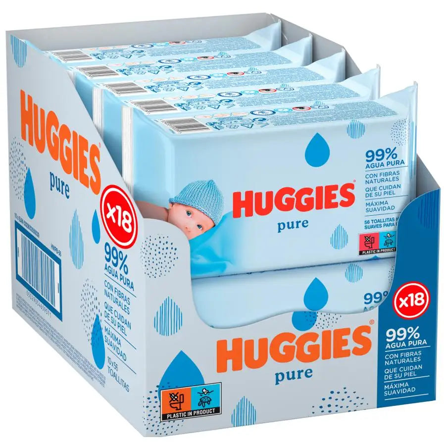 Huggies Pure Toallitas con 99% Agua Pura, 1008 Toallitas (18 packs de 56 Toallitas). Sin Aditivos ni Fragancias, Suaves…