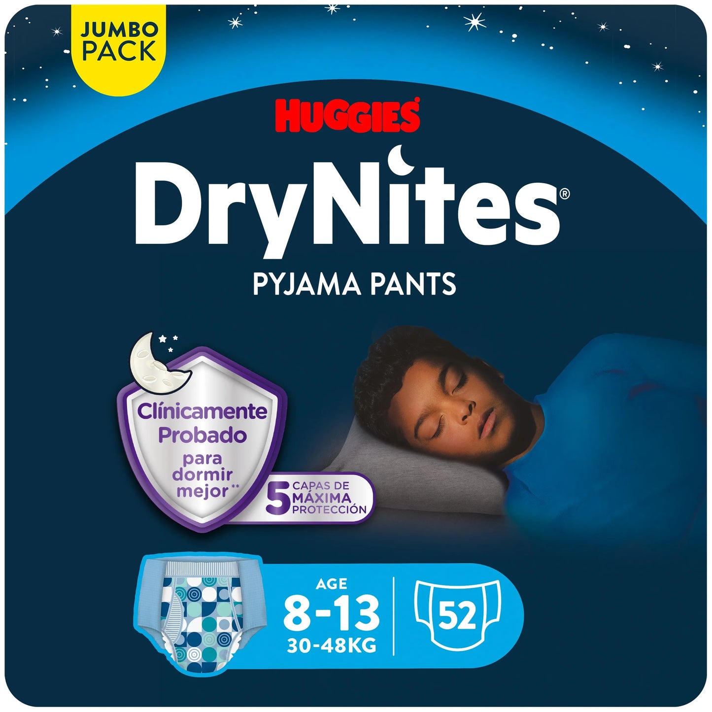 Huggies DryNites Pyjama Pants Para Niño y Niña. Disponibles en Talla 3-4, 4-7, 8-13.