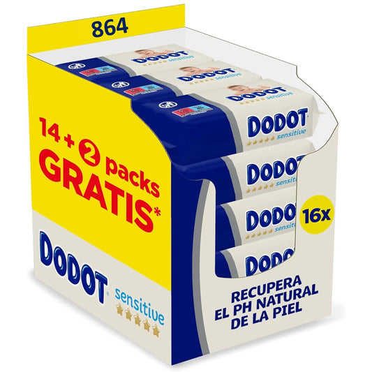 Dodot Toallitas Sensitive para Bebé, 864 Toallitas (16 Paquetes de 54 Toallitas), Sin perfume con PH natural y fibra de…