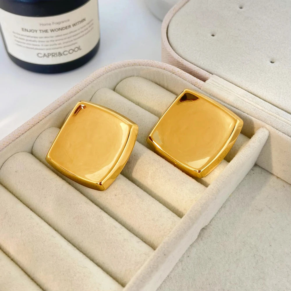 Minimalist Stainless Steel Stud Earrings Joyas De Acero Inoxidable Gold Plated Polished Big Thick Irregular Square Earrings