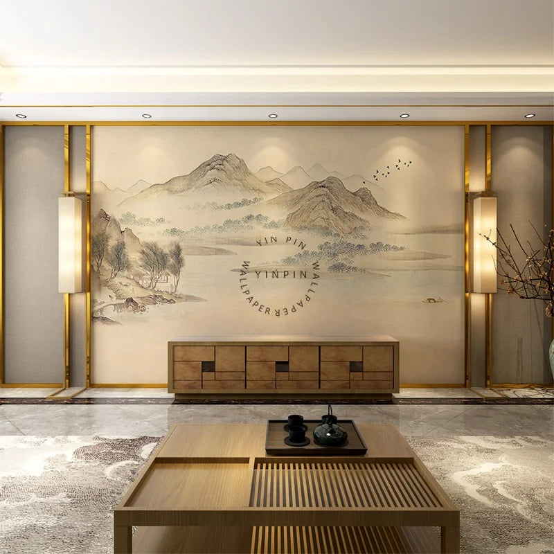 Chinese Landscape Embroidery 3D Waterproof Anti-Static Modern Silk Wallpaper Sticker for Living Room