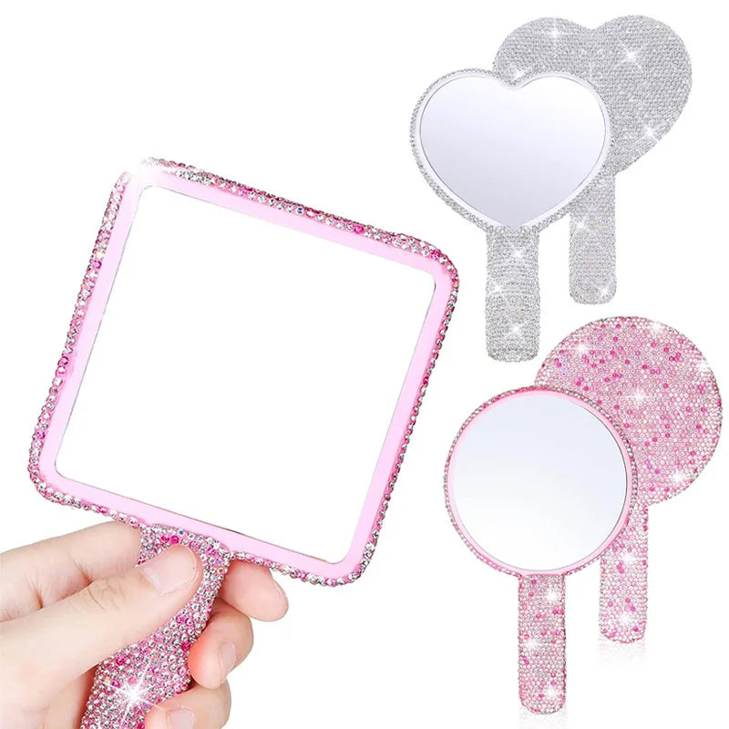 Wholesale Customized Logo Handheld Cosmetic Lash Hand Lovely Bling Rhinestone Eyelash Heart Shiny Diamond Mirror Makeup Beaut