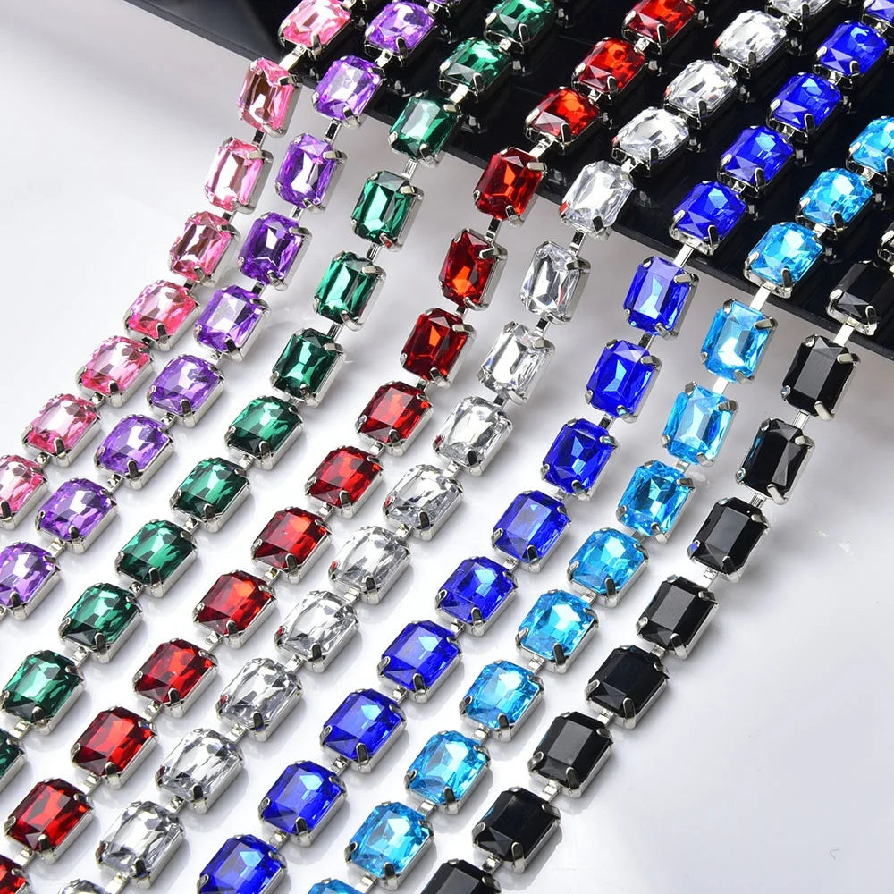 8*10mm Acrylic Rhinestone Rectangle Cup Chain Colored Crystal Diamond Metal Trim Clothing Shoes Diy Jewelry Making Accessorie