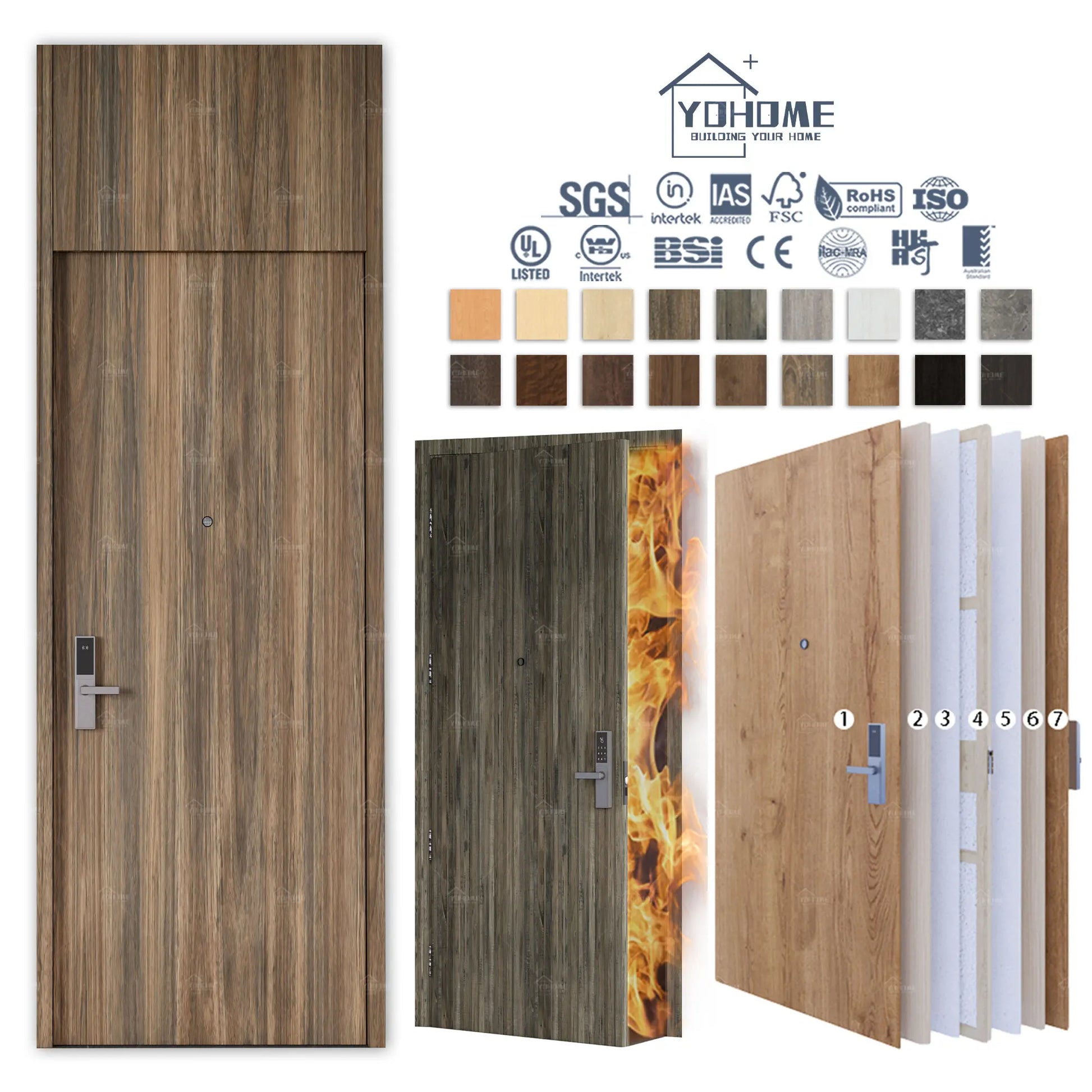 Foshan Yohome Custom American Modern Fireproof Door Soundproof Hotel Room Door Wooden HPL 20 45 60 Minutes Fire Door