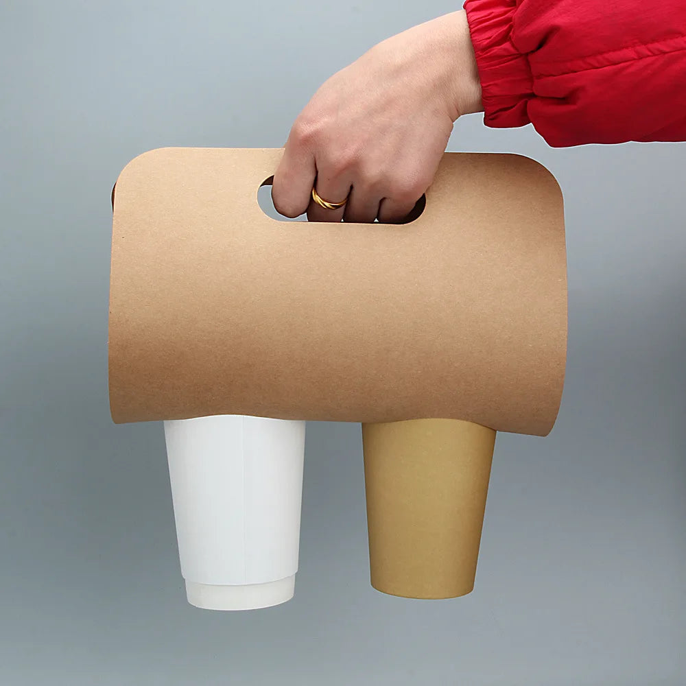 Portable Kraft Paper Cup Holder for Tea Coffee Take-Away Anti-Spill Design with Logo Matt Lamination Embossing Use for Tequil