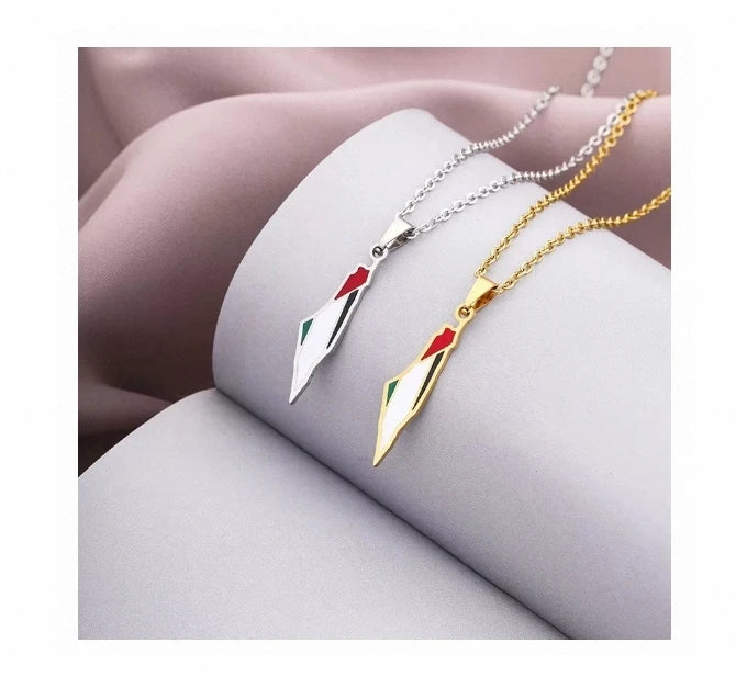 BINSHUO Enameled Palestine Map Necklace Jewelry Stainless Steel PLM Letter Enamel Palestine National Flag Map Pendant Necklac