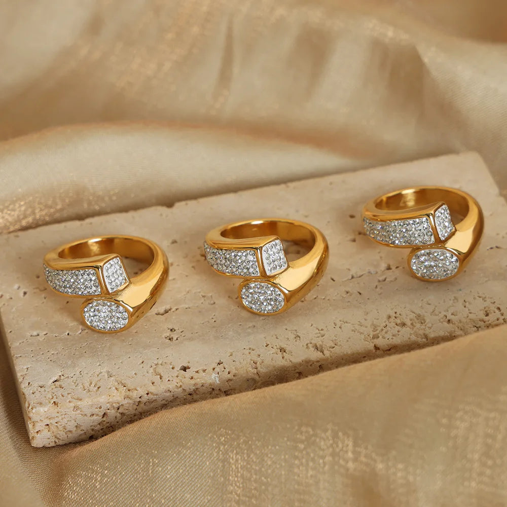 Minimalist Chic Jewelry Diamond Cubic Zirconia Asymmetrical Ring Tarnish Free Stainless Steel Gold Plated Gemstone Finger Rin