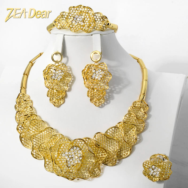 Fashion Luxury Dubai Jewelry Set Cubic Zirconia Flower Gold Bridal Jewelry Sets