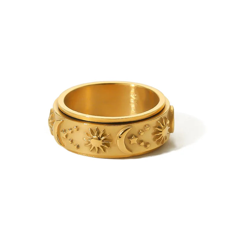 18K Gold & Stainless Steel Multifunctional Moon Star Sun Spinning Decompression Ring Trendy Boho Jewelry