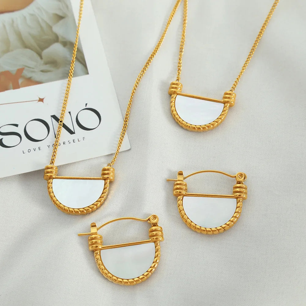 New 2Pcs Italian 18k Gold Plated 316L Stainless Steel Fan Shape Necklace and Earrings Jewelry Set for Women Girl