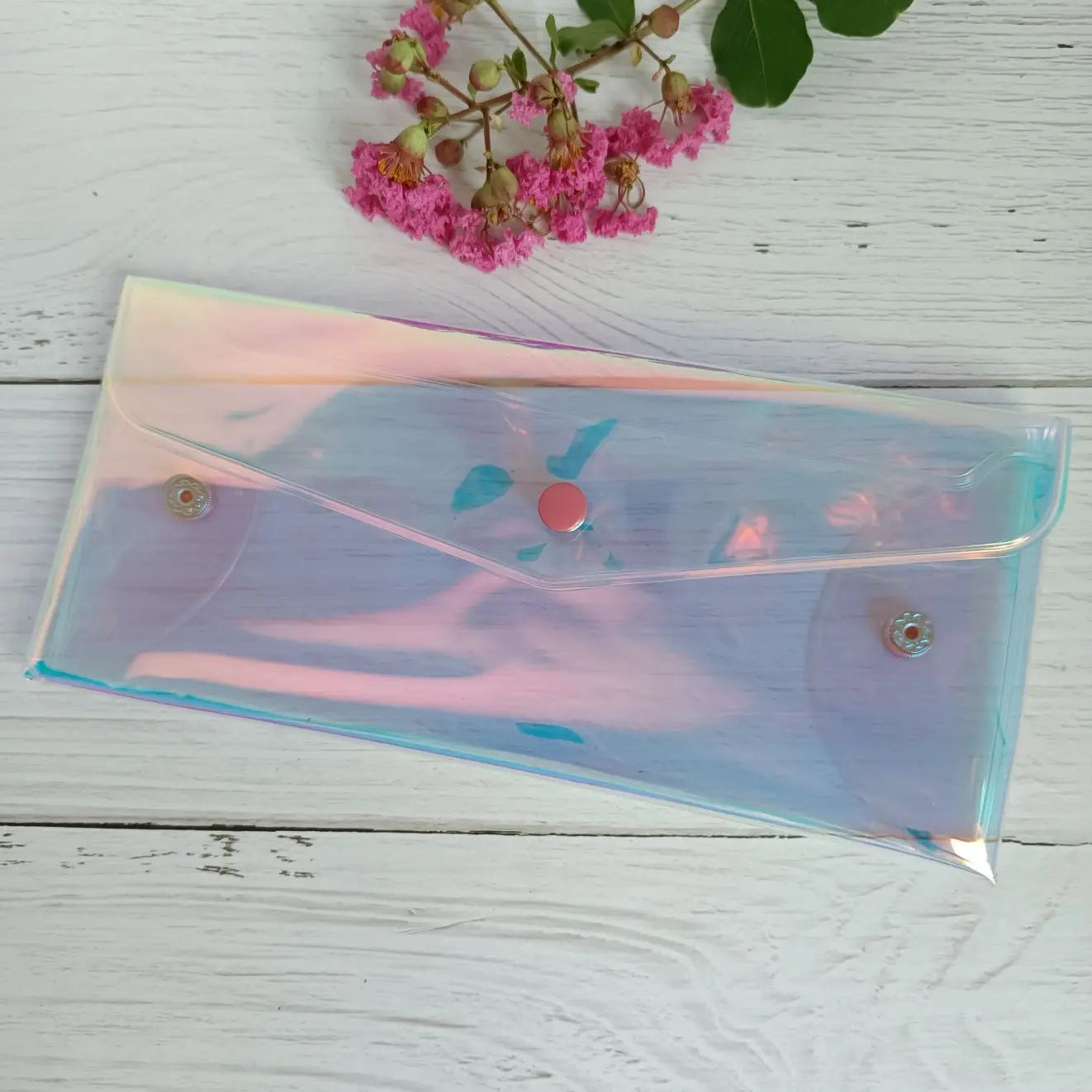 Stylish Cute Waterproof Snap Button Closure Small Plastic Envelope PVC Clear Pocket Bag Customized Holographic Money Pouch