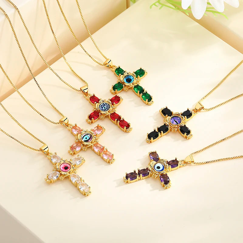 Hengdian Custom Wholesale Cubic Zirconia Cross Pendant Jewelry 18K Gold Women Fashion Religion Eye Jewelry Necklaces for Ladi