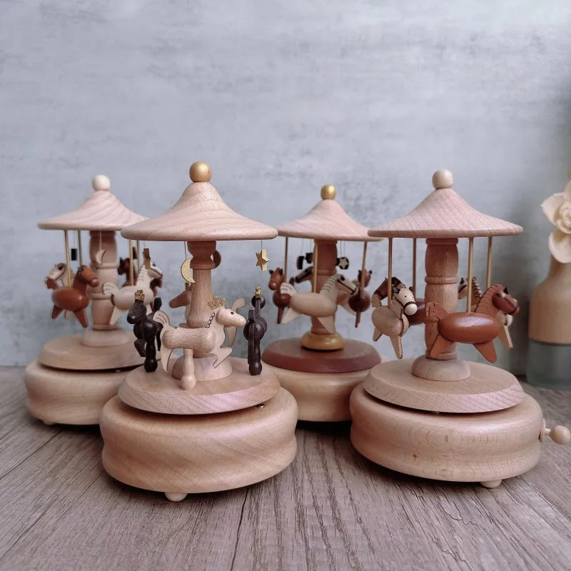 Ever Bright Wooden Merry-Go-Round Horse Clockwork Mechanism Christmas Carousel Music Box Gift Idea