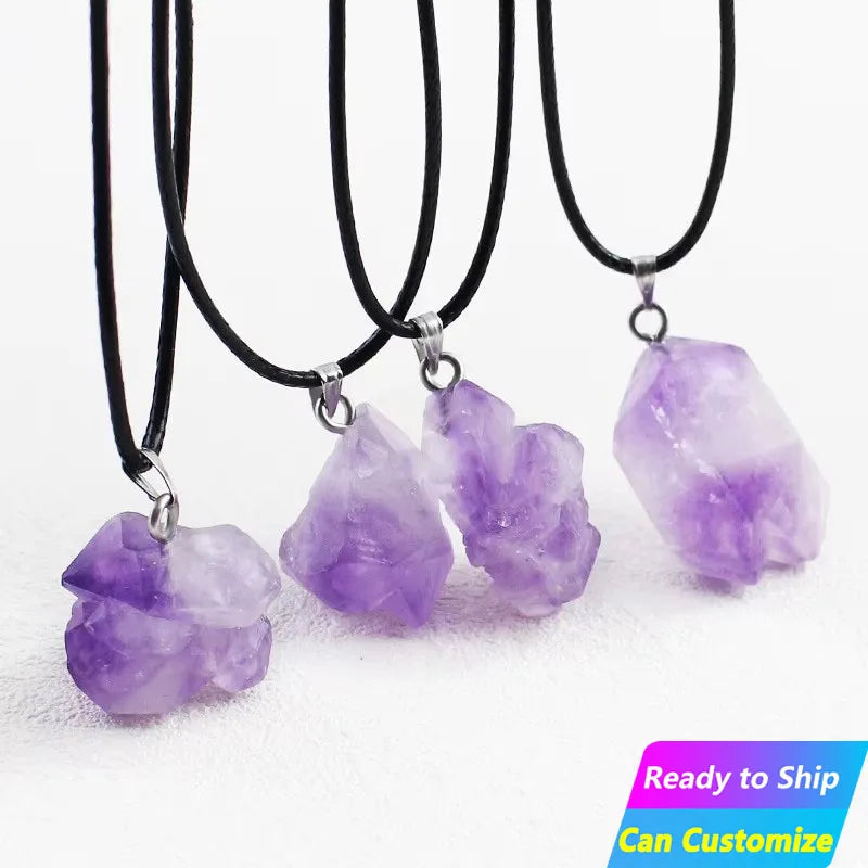 Natural Rough Raw Semi Precious Stone Gemstone Quartz Crystal Jewellery Purple Amethyst Point Pendants Necklace Jewelry Makin