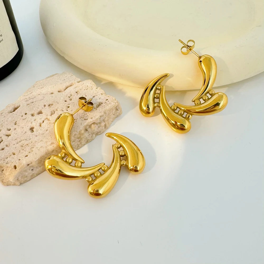 Retro Earrings Fashion Jewelry 2025 Stainless Steel Plated 18K Gold Four Water Droplets Whirlpool Earrings Female