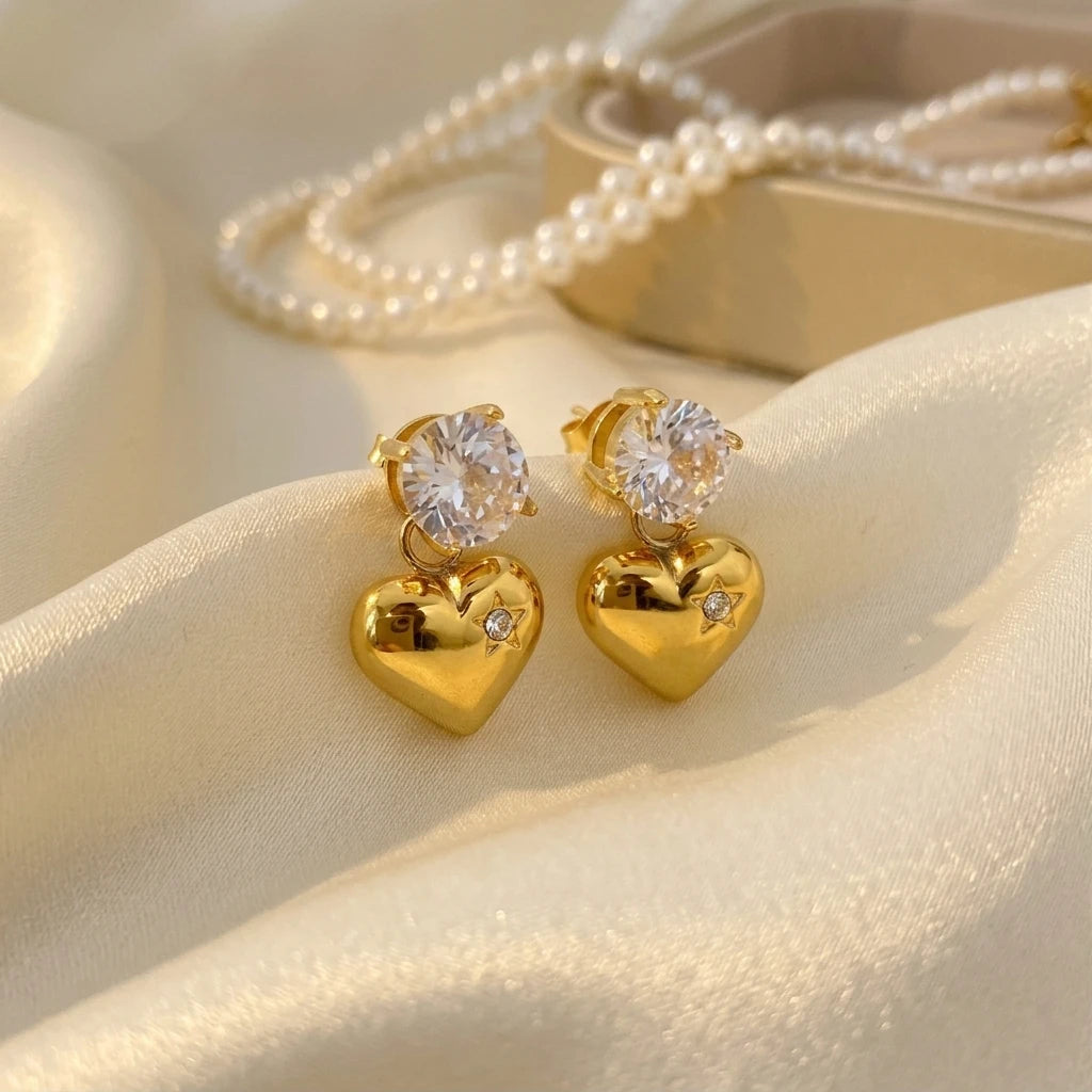 Romantic 18k Gold Stainless Steel Earrings Joyas De Acero Inoxidable Smooth Zircon Heart Pendant Earrings Jewelry
