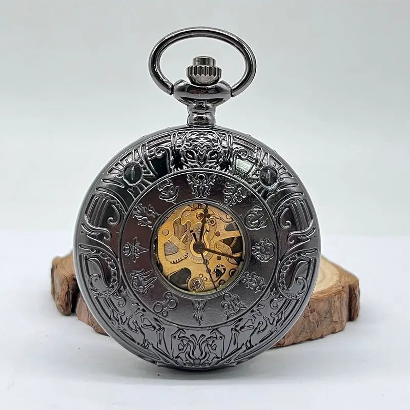 Prague Astronomical Stainless Steel Fob Chain Dial Clock Half Hunter Steampunk Skeleton Vintage Mechanical Pocket Watch for M