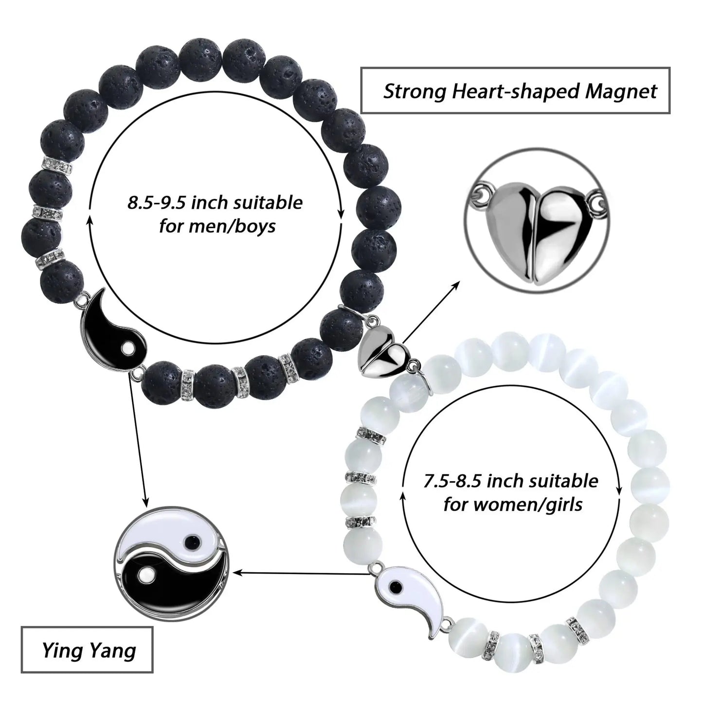Black White Couple Beaded Bracelet Set Yin Yang Bagua Frosted Black Turquoise Heart-shaped Trendy Fashion Jewelry Bangle