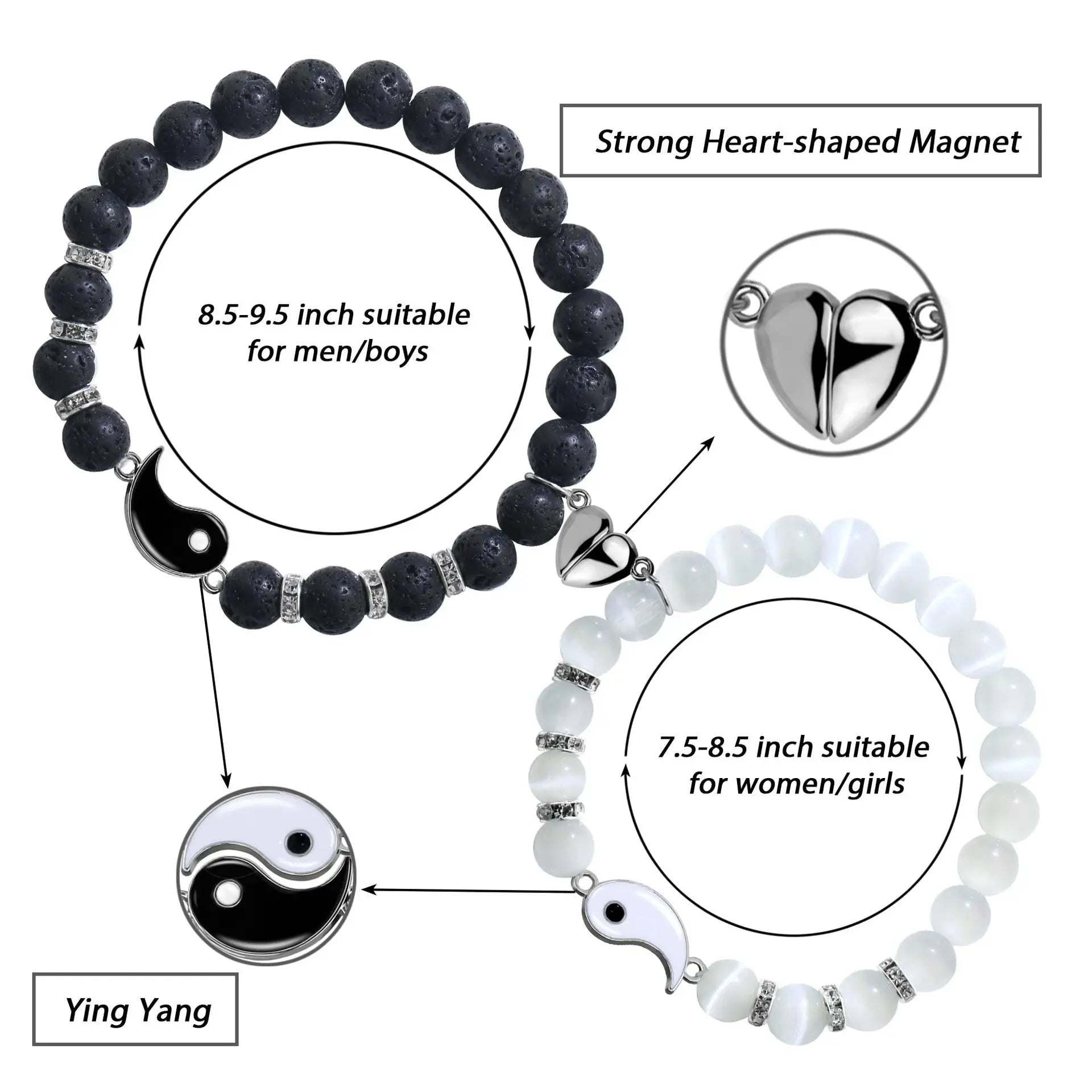 Black White Couple Beaded Bracelet Set Yin Yang Bagua Frosted Black Turquoise Heart-shaped Trendy Fashion Jewelry Bangle