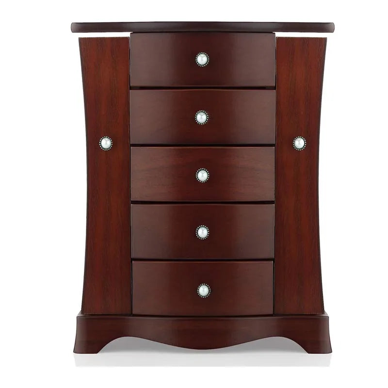 Jewelry Box - Made of Solid Wood with Tower Style 4 Drawers Organizer and 2 Separated Open Doors on 2 Sides and Large