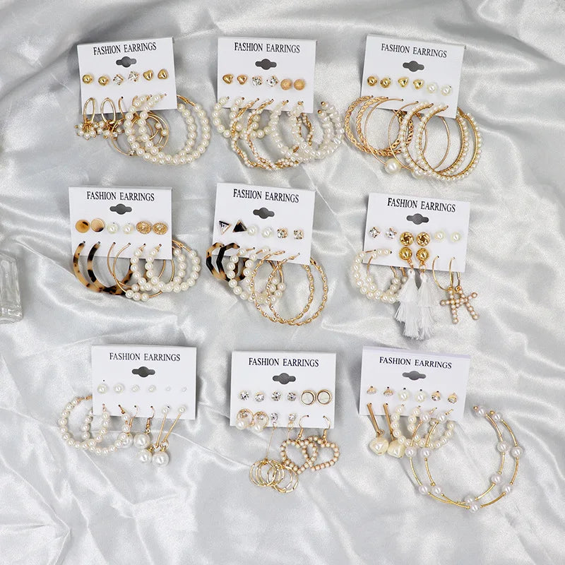 HOVANCI Gold Plated Hoop Earrings Set Vintage Pearl Twist Geometric Ladies Pearl Punk Earrings Set
