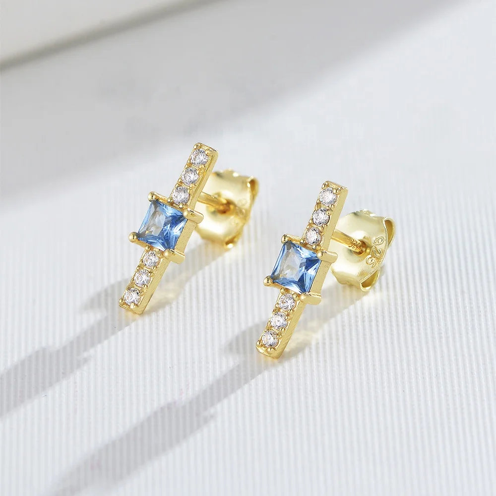Minimalist Fashion Personalized S925 Sterling Silver Jewelry 14K Gold Plated Center Blue Square Zircon Bar Stud Earrings for 