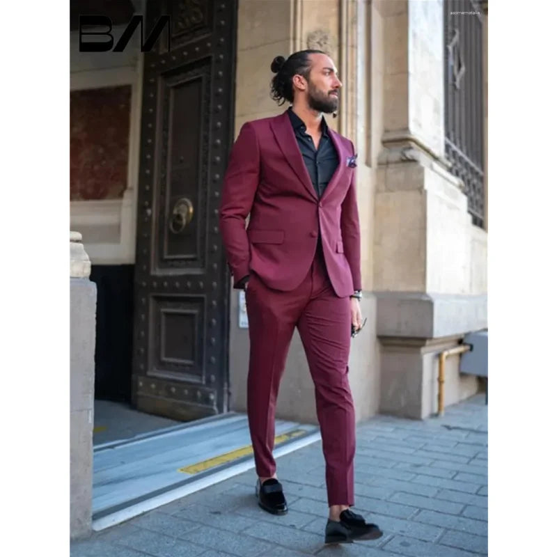 Men's Suits Men Burgundy 2Pc Suit Single Breasted Elegant Groomsmen Wedding Dinner Prom Party Personalized Coat Pant