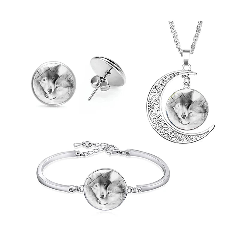 30 Designs Wolf Charm Pendant Key Chain Ring Cuff Link Tie Clip Necklace Bracelet Earrings Jewelry Set for Lover