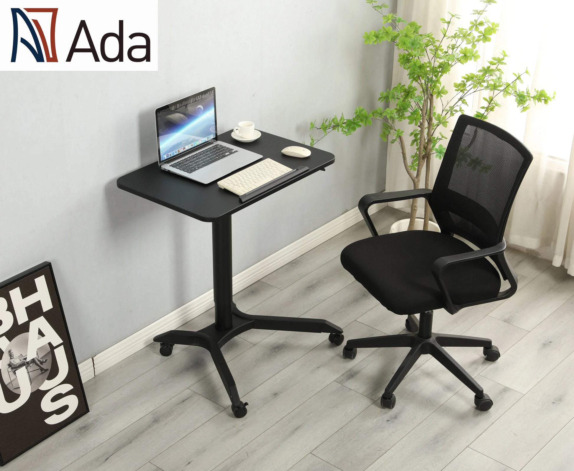 Ada Pneumatic Height Adjustable Home Office Movable Tiltable Standing Desk With 0-90 Flip Angle and Mobile Casters