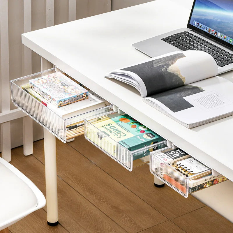OWNSWING Under Desk Storage Drawer Self-Adhesive Drawer Organizer Transparent Drawer Hidden Under Table for Home Office