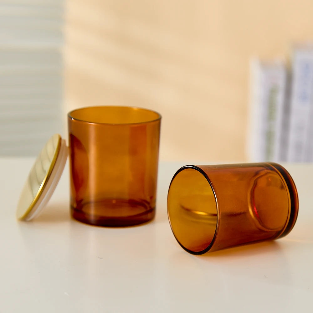 Wholesale 7oz 10oz Luxury Candle Jar Bright Brown Amber  Glass Candle Jar with Gold Lid