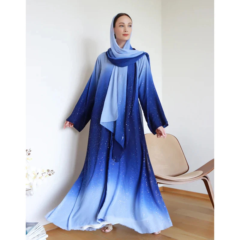 Islamic Clothing Gradient 3 Pieces Abaya Manufacturer Stock Shiny Glitter Open Abaya Set for Muslim Women