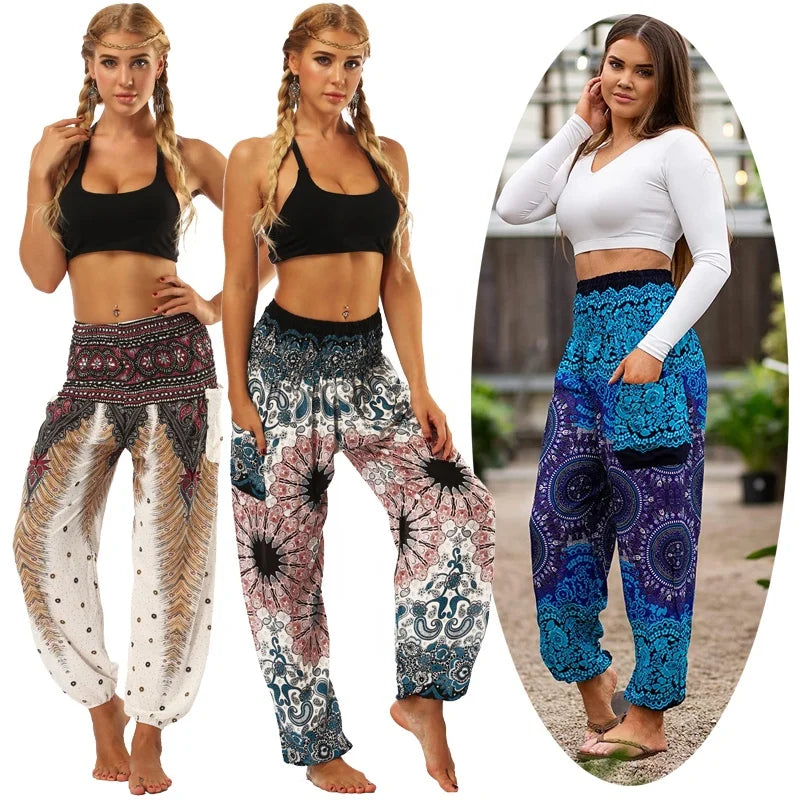 Womens Hippie Palazzo Pants Boho Ethnic Print Side Pocket Trousers Smocked Waist Joggers Bohemian Holiday Pajamas Harem Pants