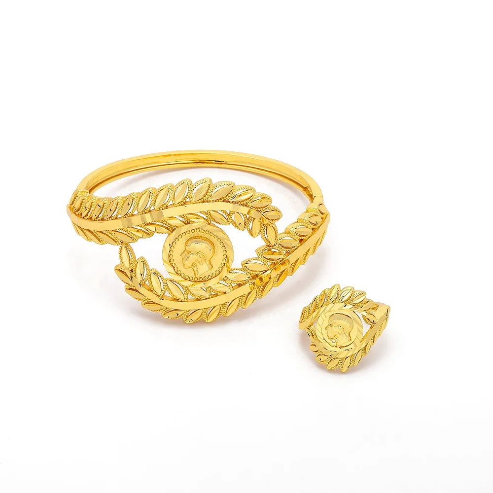 JXX Hot Sale Dubai Saudi Arabia 24k Gold Plated Vintage Brass Bangle and Ring Set Wedding Gift Fashion Eye Design