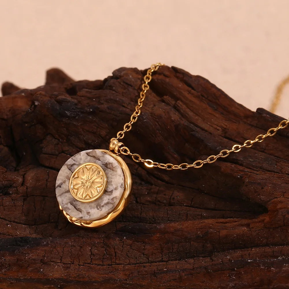 Dreamshow Natural Stone Marble Pendant Necklace Sunburst Gold Plated Jewelry Fashion Stainless Steel Necklace