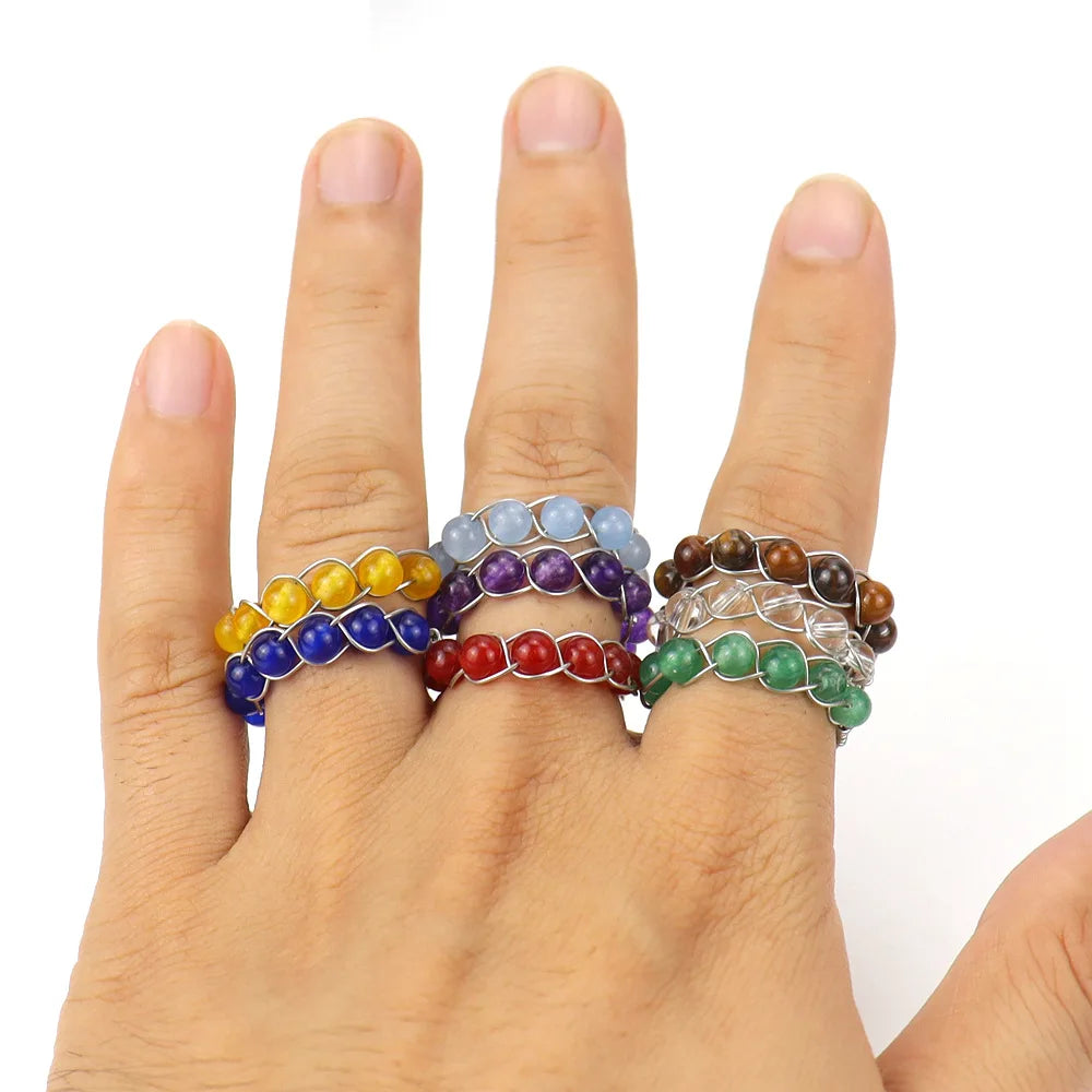 Healing Crystal Ring Gemstone Adjustable Ring Round Stone Alloy Wrapped Natural Stone Beaded Ring Jewelry for Women