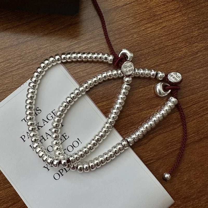 Red Cord Braided 925 Sterling Silver Circle Round Beads Women Bracelet Fine Jewelry