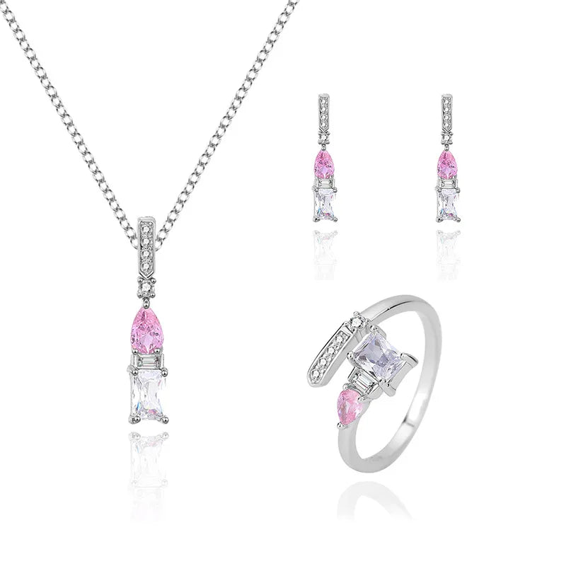 New Trendy 925 Sterling Silver CZ Diamond Jewelry Set Women Fashion pink Diamond Necklaces Earrings Rings Set