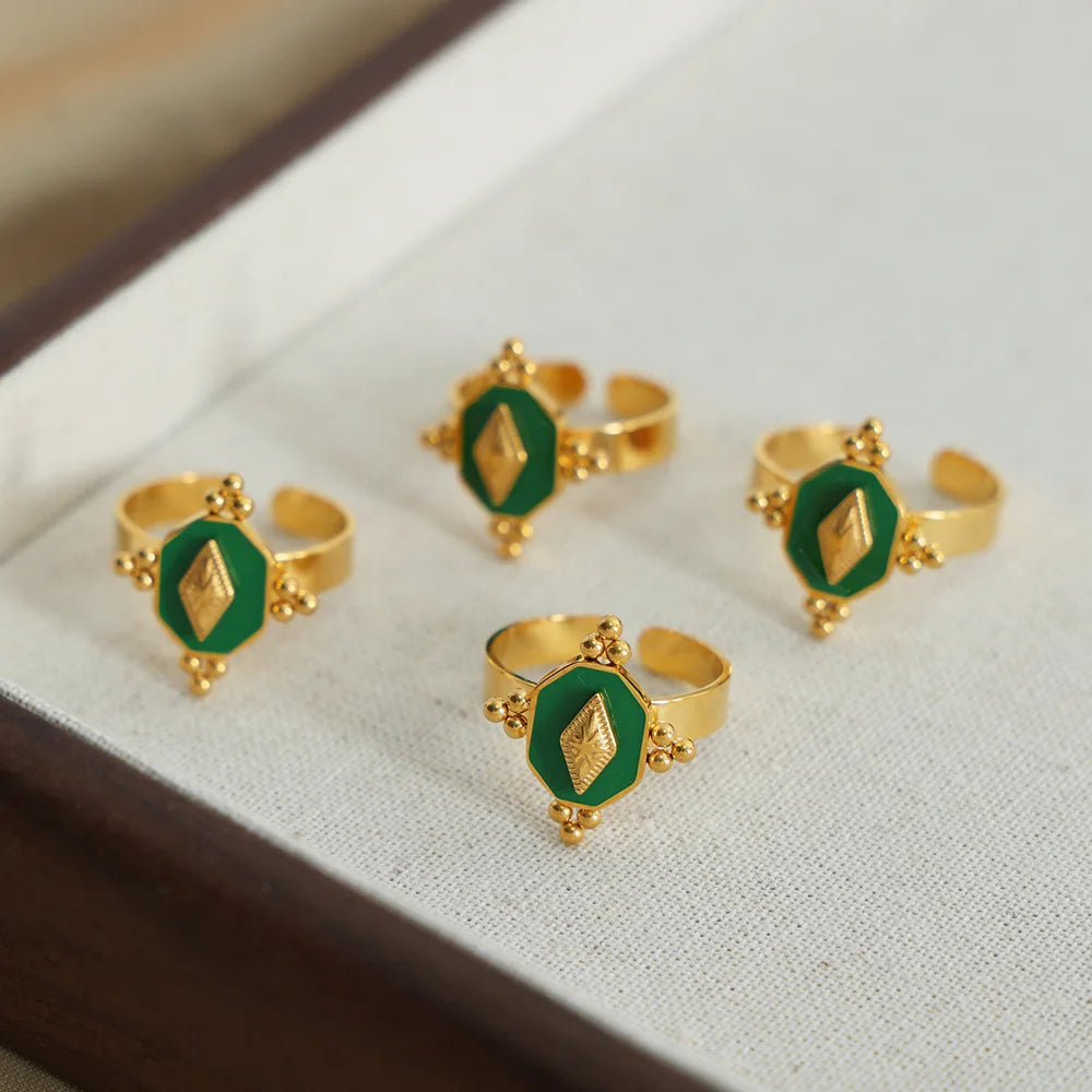 Chic Waterproof Jewelry Geometric Enamel Relief Ring Non Tarnish 18k Gold Plated Stainless Steel Open Finger Ring Anillos