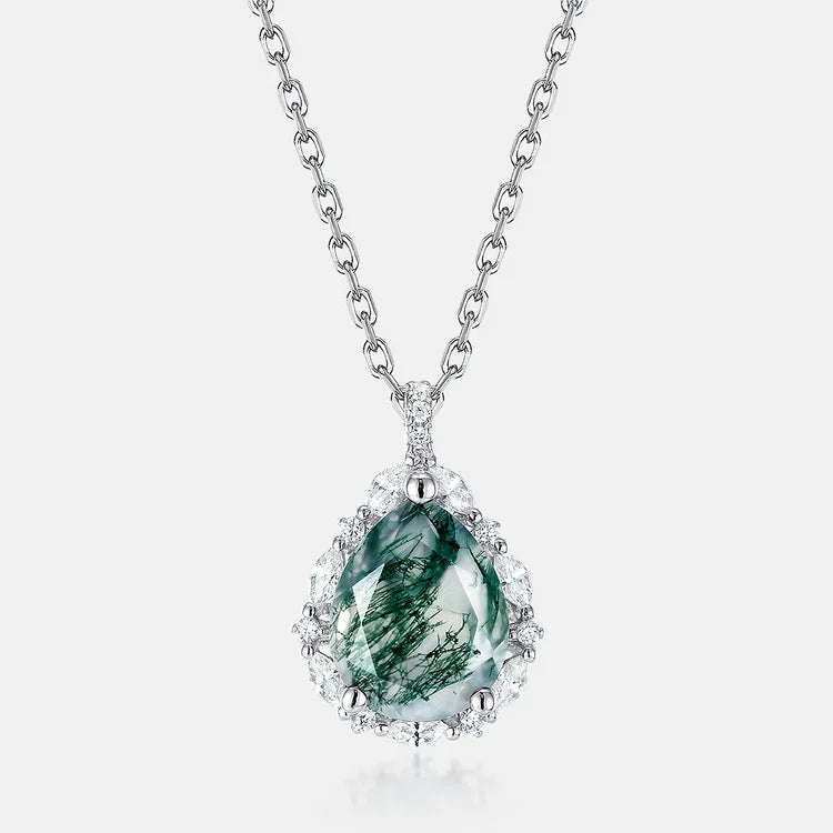 Natural Unique Stone Green Agate Gemstone Necklace Pure Silver 925 Water Droplets Pear Shape Crystal Moss Agate Pendant Neckl