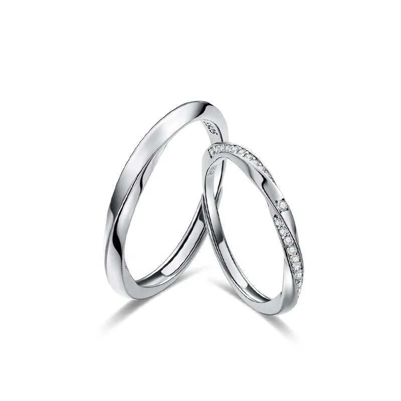 GR92 Eternal Couple Ring Trendy S925 Sterling Silver Water Waves Promise Mobius Ring with Geometric Inlay Zircon Engagement G