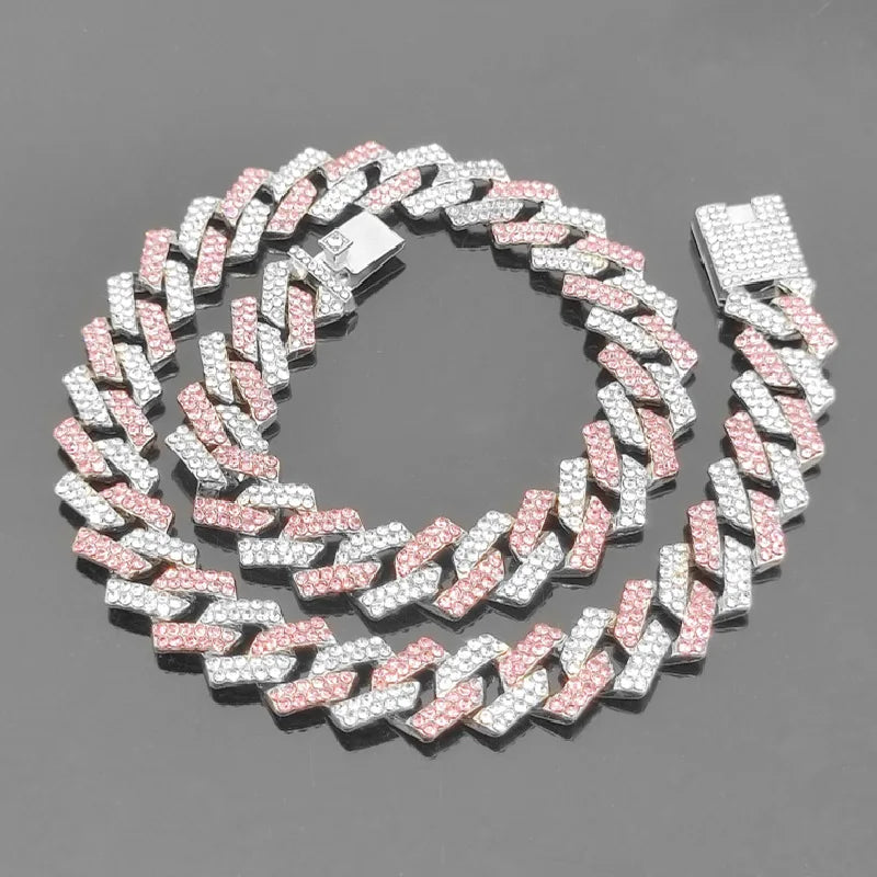 Men's Accessories Wholesale Diamond Pink Full Diamond Hip Hop Cuban Chain Necklace