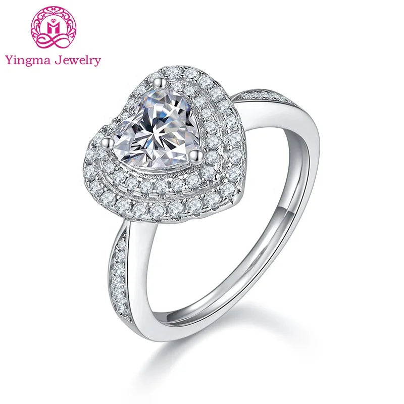 Hot Selling Luxurious Mossanite Engagement Ring Certified 925 Sterling Silver 1.0ct 6.5*6.5mm Heart Shape Women MoIssanite Ri