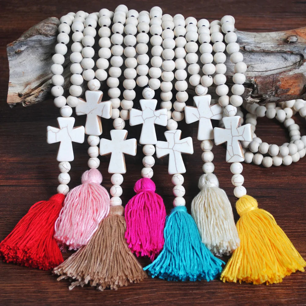 Bohemian Jewelry Handmade Tassel Wood Necklace Long Turquoise Cross Wooden Beaded Necklace for Women Gift